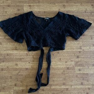 Express Black Lace Tie-Back Crop Top with Flutter Sleeves